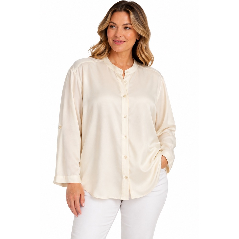 Lauren Ralph Lauren Womens 2X Ivory 100% Silk Mandarin Collar Roll Tab Blouse